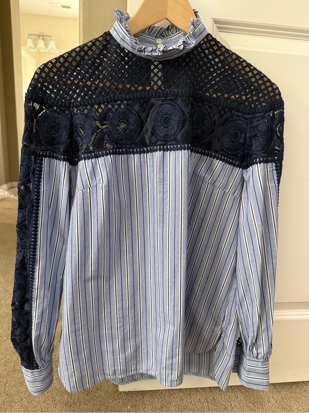 Sandro Navy and Light Blue Striped Lace-Trim Blouse